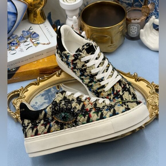🆕 KURT GEIGER LONDON 🧿 NWOB Laney Eye Gold Rainbow Tweed Sneaker, Sz 37 US 7 - Picture 7 of 14